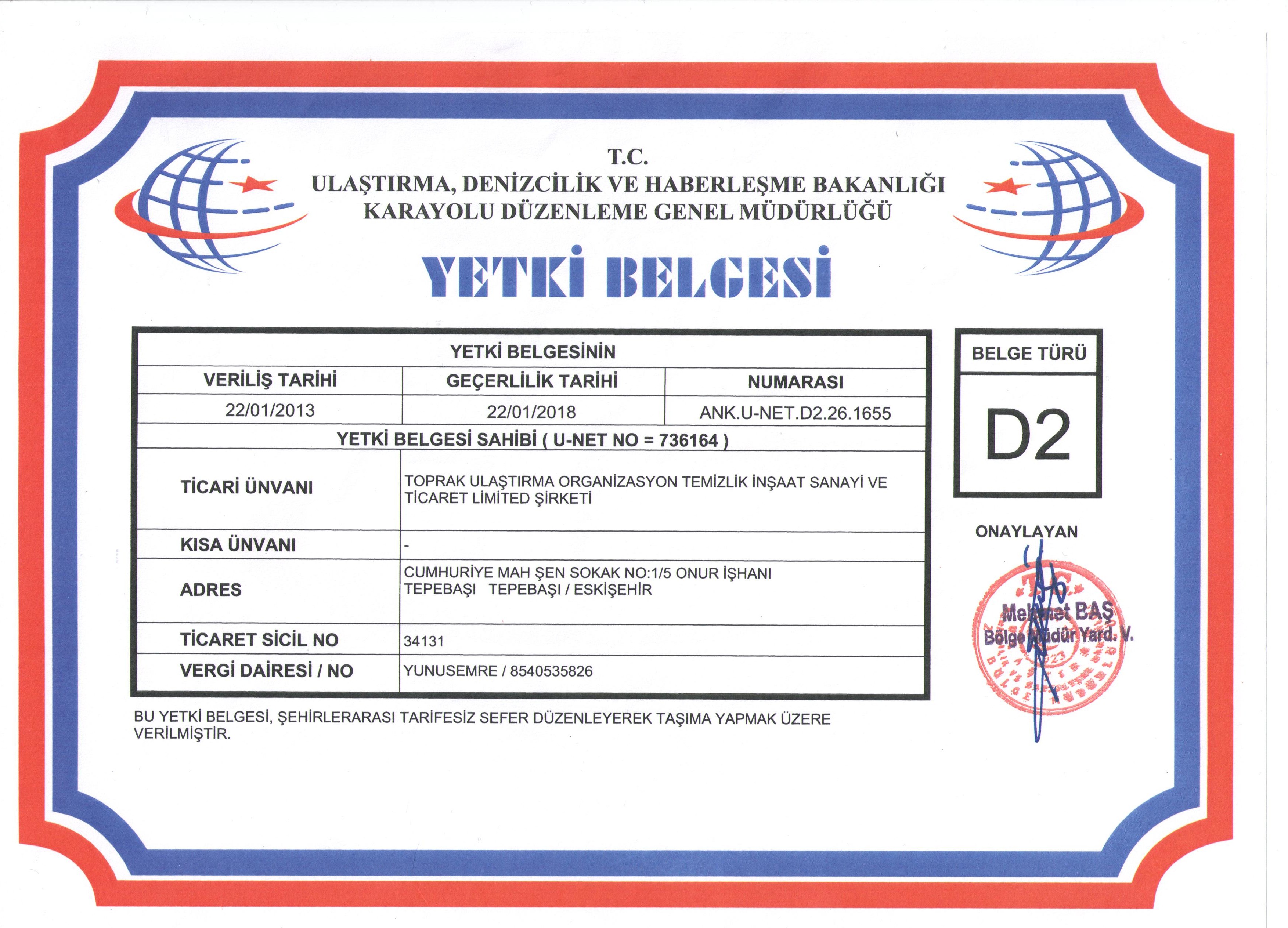 toprak grup d2 yetki belgesi kiralama